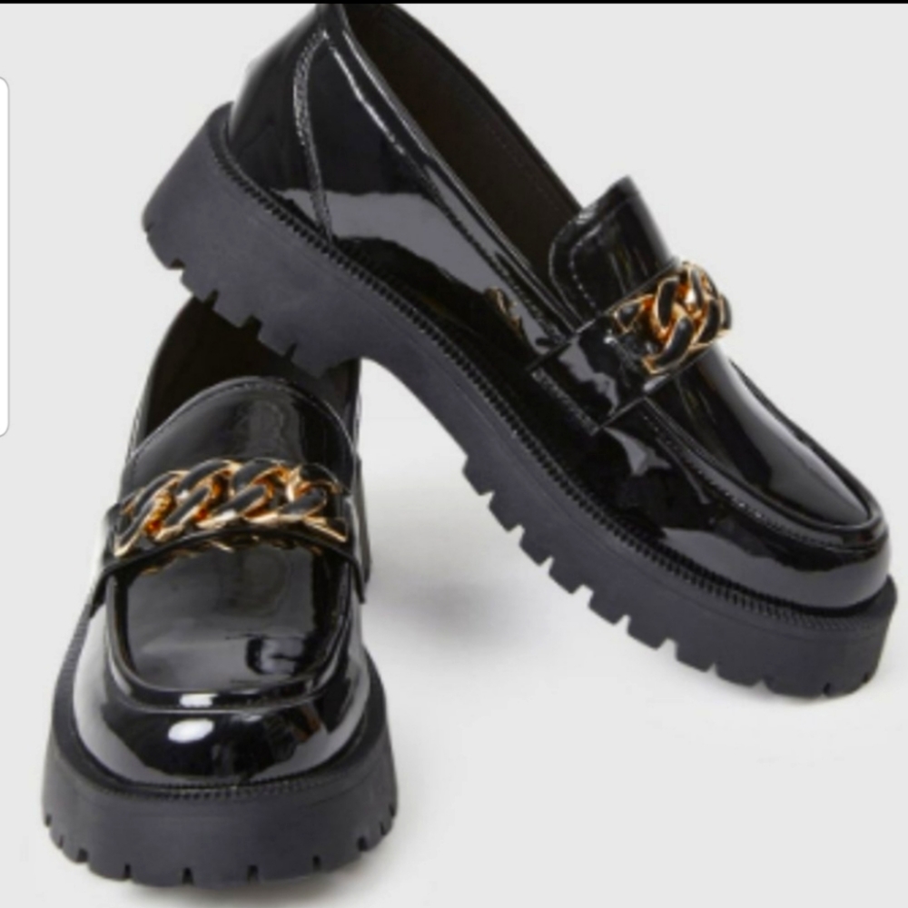 Chain Strap Platform Loafers (Black) w/ Black-Gold Chain - Lattelier